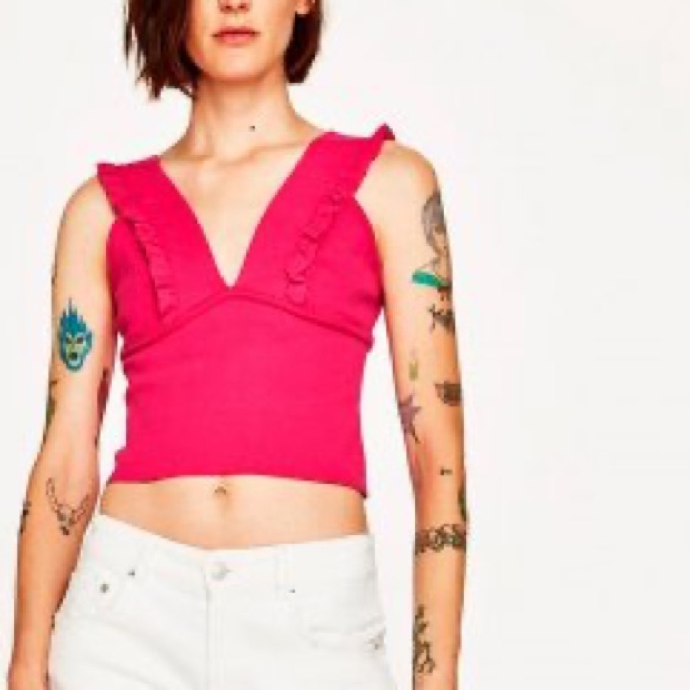 Zara Barbie Pink Ruffled V-Neck Knit Tank Top Size S